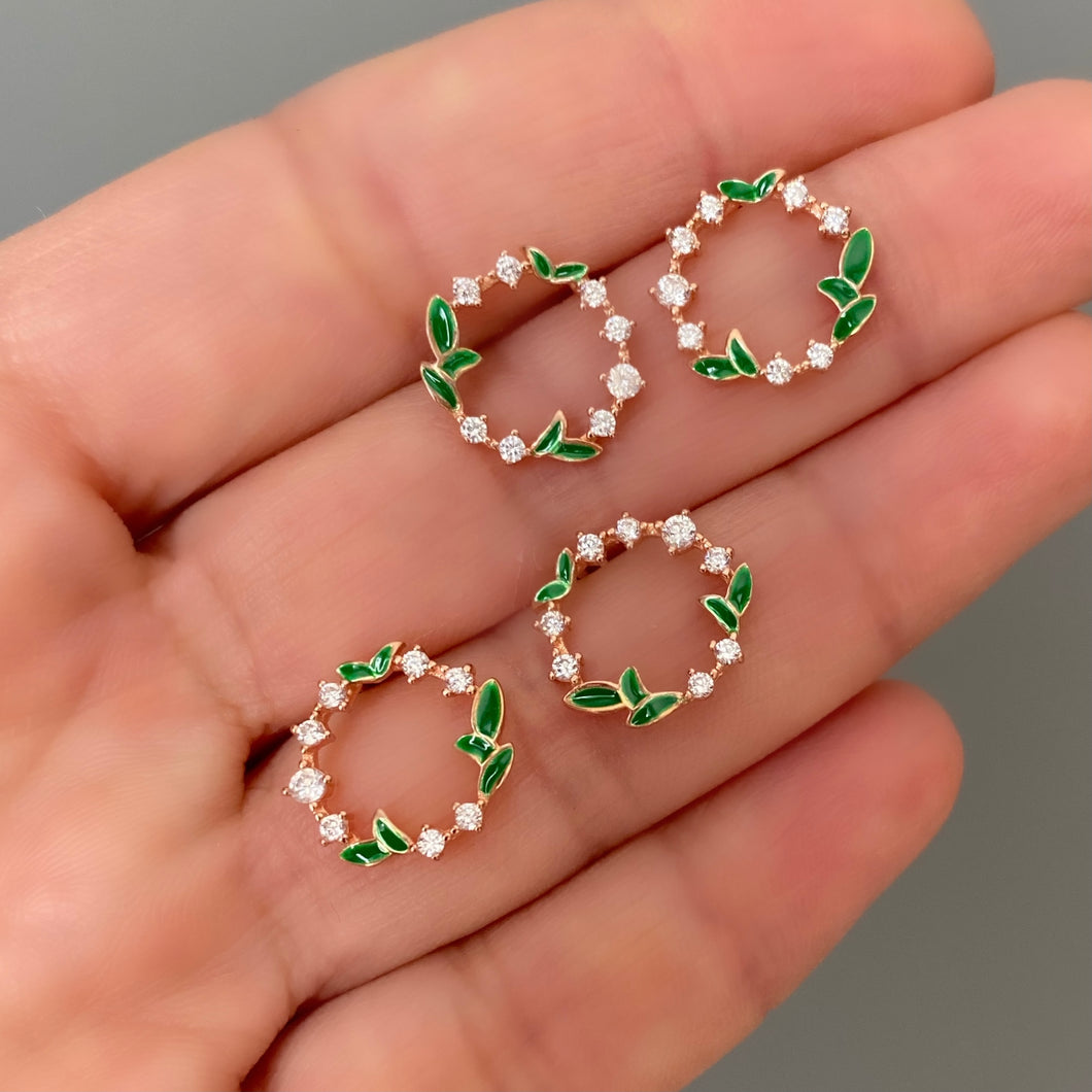 Round Earrings with green enamel and clear stones