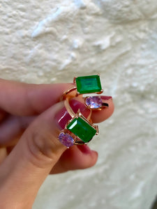 Wraparound ring with large green and pink zircon stones