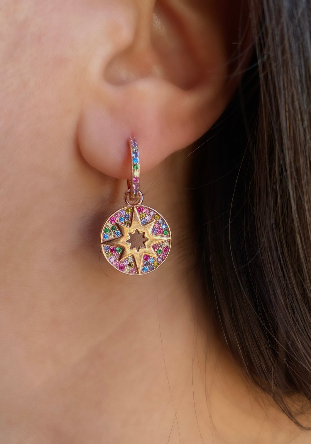 Morning star earring with rainbow stones
