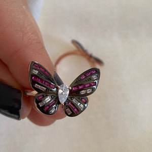 Statement Butterfly ring with red and black zircon stones - Size Q