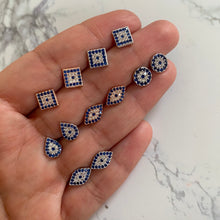 Load image into Gallery viewer, Evil eye studs with dark blue and clear stones